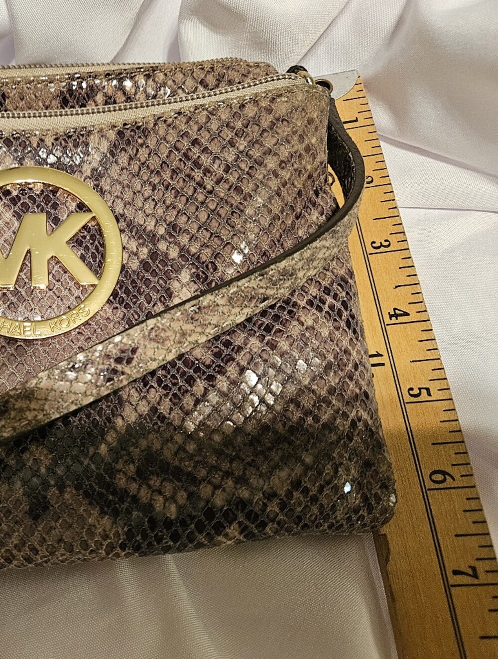 Michael Kors Snakeskin Python Print Leather Crossbody Bag Triple Zip Fulton Gold - Picture 8 of 15